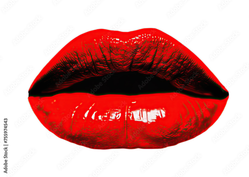 Isolated pair of intense red lips on a blue background, distressed print film burn effect. Pop art grunge style.
Isolated pair of intense red lips on a blue background, distressed print film burn effect. Pop art grunge style.