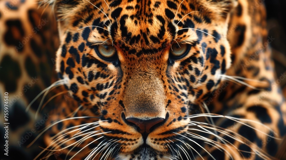 Fototapeta premium Close up of a leopard's face with a blurry background. Suitable for wildlife and nature concepts.