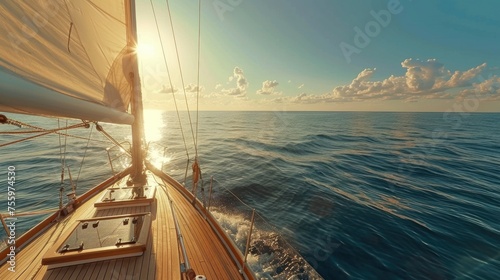 A sailboat sailing in the ocean at sunset. Perfect for travel and adventure concepts.