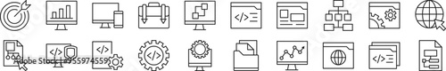 Collection of thin signs of programming. Editable stroke. Simple linear illustration for stores, shops, banners, design