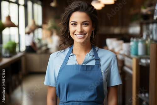 A woman wearing a blue apron stands in a kitchen, preparing food or cooking. The kitchen is equipped with appliances and utensils. photo