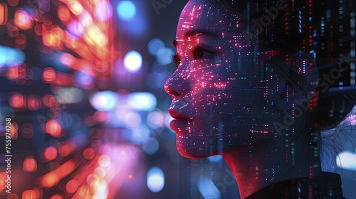 A scene illustrating the fusion of empathy and cultural comprehension in AI, mitigating biases in engagements, neon hues, digital graphic tech style.