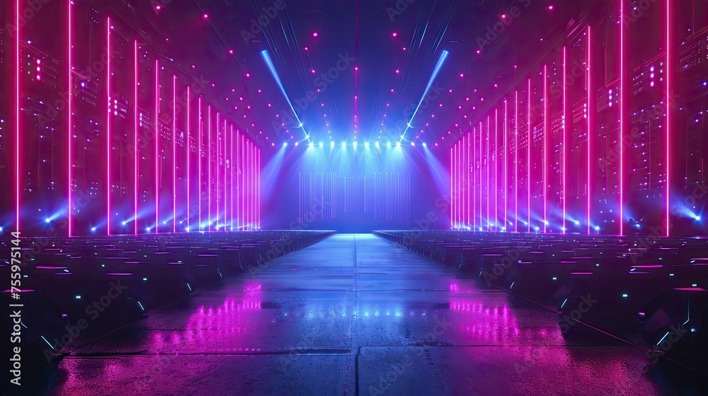 An animated depiction of a concert venue utilizing facial recognition for faster entry and improved fan interactions, featuring neon hues and a digital graphic technology aesthetic.