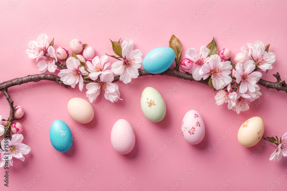 Easter background. Bouquet of cherry blossoms and colored Easter eggs on a pink background, copy space. Greeting card
