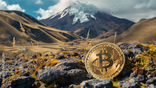 Ecuadorian themed Bitcoin wallpaper of a Bitcoin in Ecuador with a snowcapped mountain in the distance