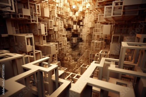 A dynamic shot of a 3D cube morphing into a labyrinthine geometric structure