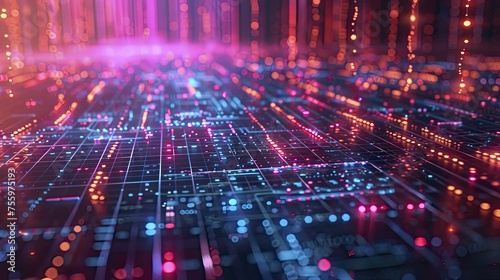 An animated portrayal of a quantum computer decrypting codes that were once considered unbreakable, neon tone photo