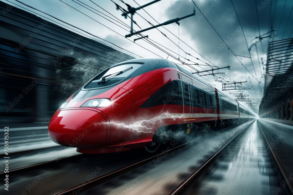A dynamic shot of a high-speed train powered by electricity from overhead wires