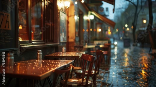 Outdoor seating on a rainy day  perfect for cafe or restaurant concept.