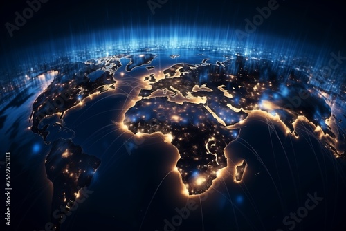 A map of the world with various lights illuminating different regions, showcasing the connectivity and activity across continents and countries. photo
