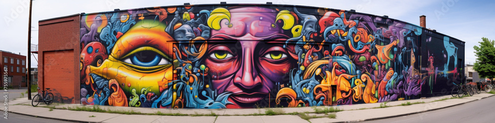 Witness the evolution of urban artistry with a psychedelic street art mural painted on a city wall. Witness the evolution of urban artistry with a psychedelic street art mural painted on a city wall.
