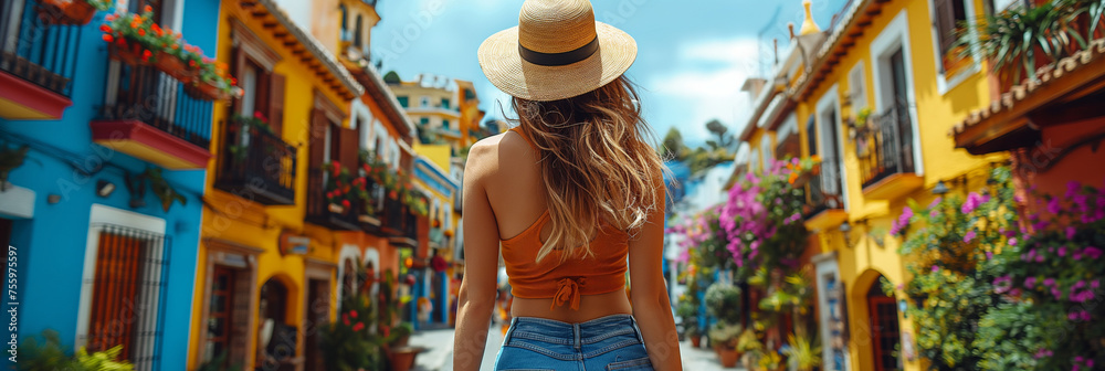 Travel exploration in picturesque locale, female traveler wanders, travel adventure, charming streets, cultural travel destination