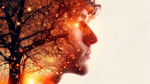 The double exposure combines a male face and a branching tree without leaves. The concept of the unity of nature and man. The vitality of the human soul in nature illustration. Design for cover.
