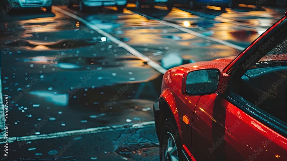 Obraz premium Sleek curves and gleaming lights: A car's reflection captures the city's pulse!