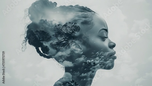 black and white double exposure illustration of an African American woman with hair in a messy bun, headshot portrait, muted colors, cinematic  © Photo And Art Panda