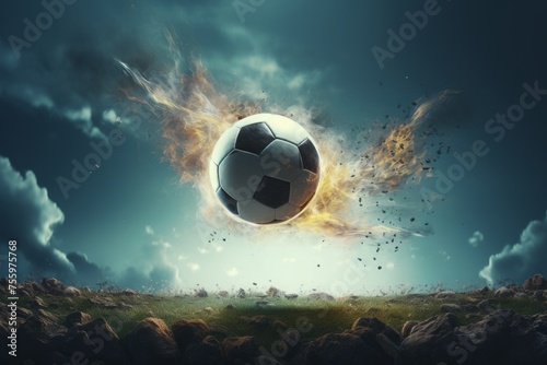 A fluid motion shot of a soccer ball bending in mid-air during a free-kick