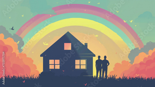 Pastel Illustration using cut out paper of a house with a rainbow over and a gay couple standing proudly beside it