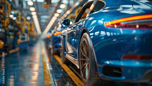 blue cars are built in an assembly line