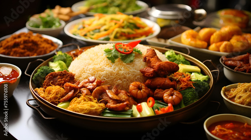 Assorted Asian Cuisine Feast with Various Dishes