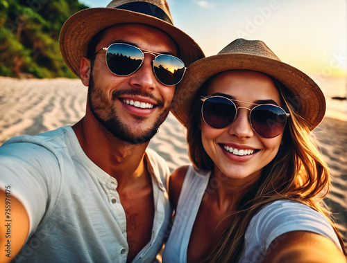 selfie portrait of young couple in love smiling at sunset wearing sunglasses and straw hat, lifestyle and adventure concept, people and romance © Karlo