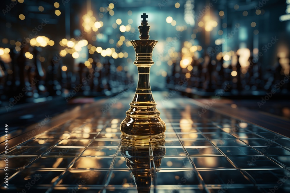 A single golden chess piece stands on a checkered tiled floor, showcasing its intricate design and contrasting against the geometric pattern. - obrazy, fototapety, plakaty 
