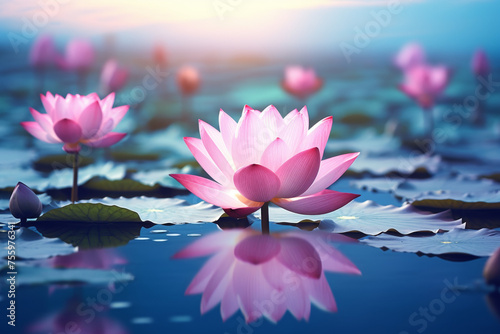 Tranquil Waters  Serene Reflections of Blooming Water Lilies and Lotus Flowers in a Peaceful Pond