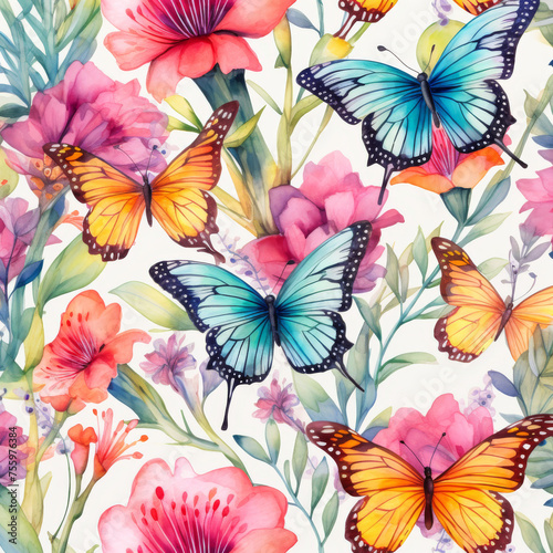 Colorful Butterflies and Floral Watercolor Pattern   © Keyser the Red Beard
