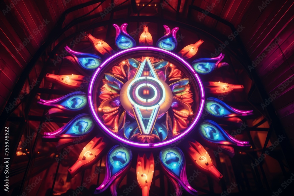 A neon sign creating a psychedelic, kaleidoscope effect
