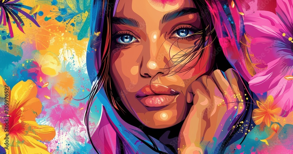 Colorful digital illustration of an attractive woman with headscarf, face closeup, holding hand near chin, colorful abstract background