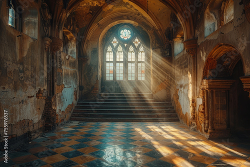 interior of an old cathedral with large wood doors and light streaming through windows photo