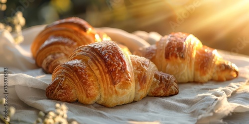 croissants on white napkin with sunlight above with title