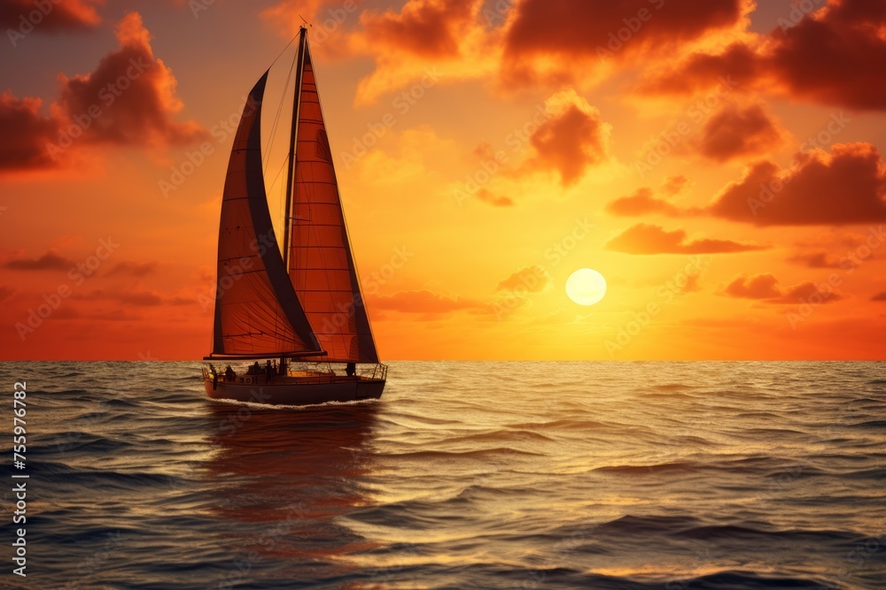A sailboat sailing towards the rising sun