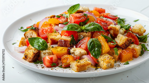 Delicious Plate of Panzanella Salad on a White Background