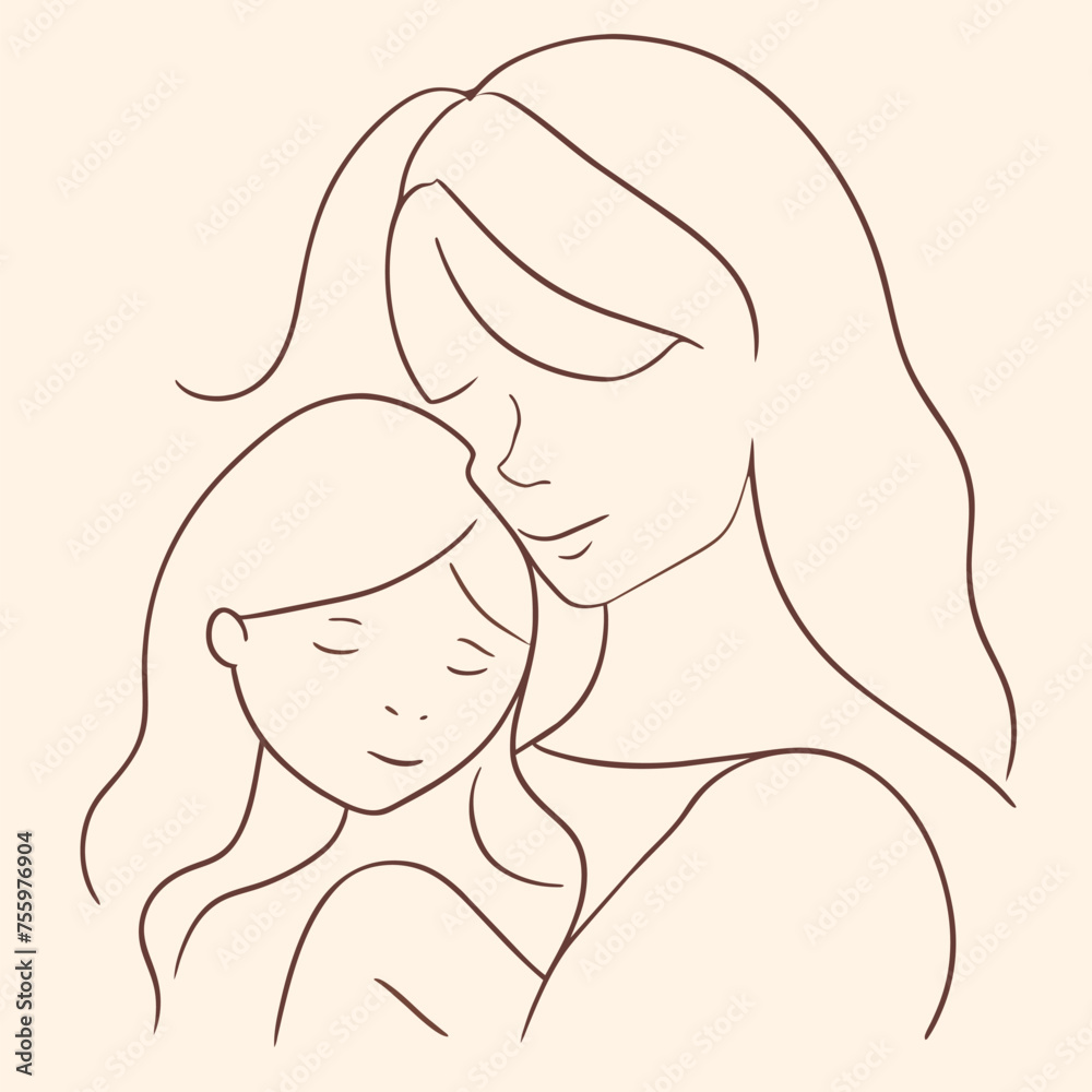 mother and teen daughter, vector illustration line art