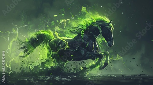 A mystical horse with a green glow. A hoofed animal (stallion or mare) running fast. Illustration for cover, card, postcard, interior design, banner, poster, brochure or presentation. photo