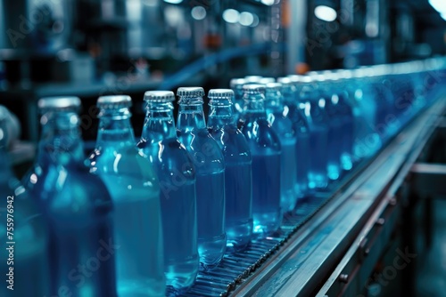 A line of blue bottles on a conveyor belt. Perfect for industrial and manufacturing concepts.