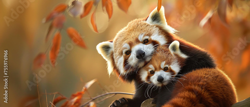 Panda vermelho e seu filhote na natureza - Papel de parede photo
