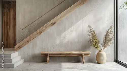 Wooden bench against grey wall and staircase © Alim