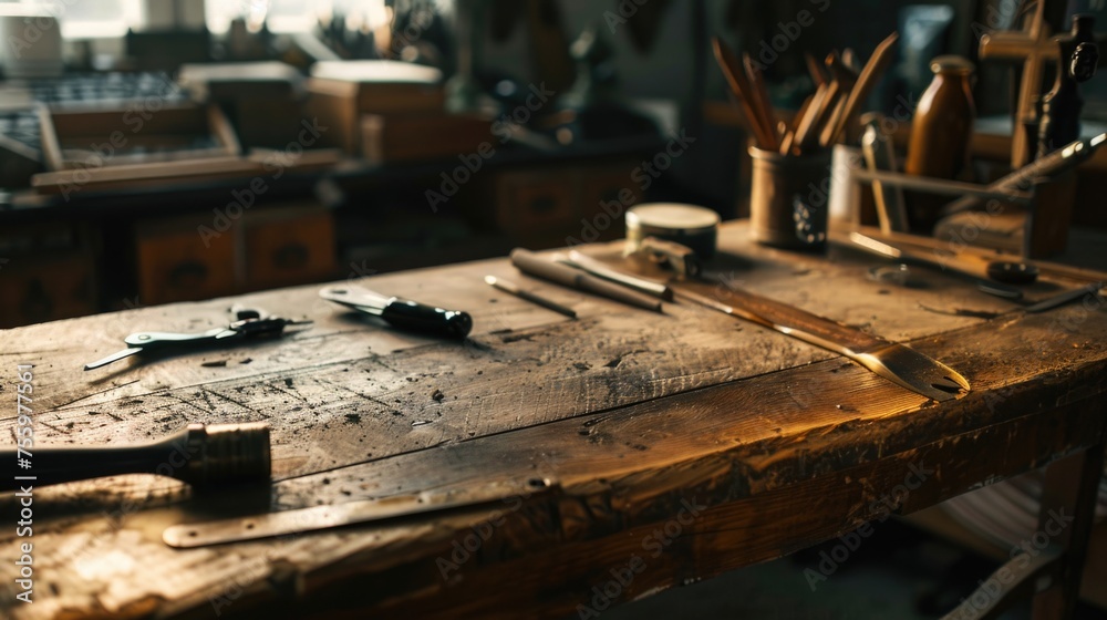 A collection of tools neatly arranged on a wooden table. Suitable for construction or DIY projects. A collection of tools neatly arranged on a wooden table. Suitable for construction or DIY projects.