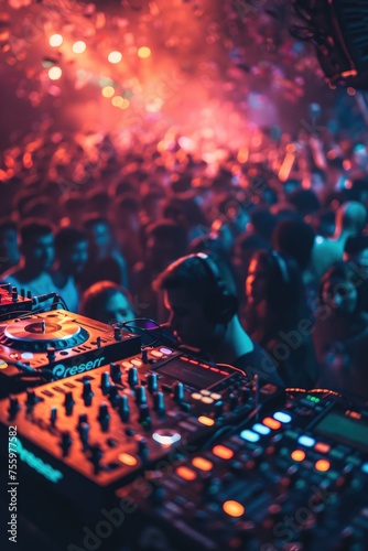 A DJ mixing music in front of a lively crowd. Perfect for event promotions.