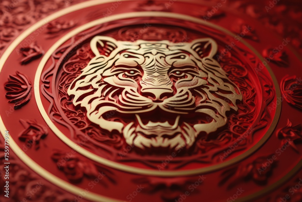 Embossed tiger zodiac symbol on red paper