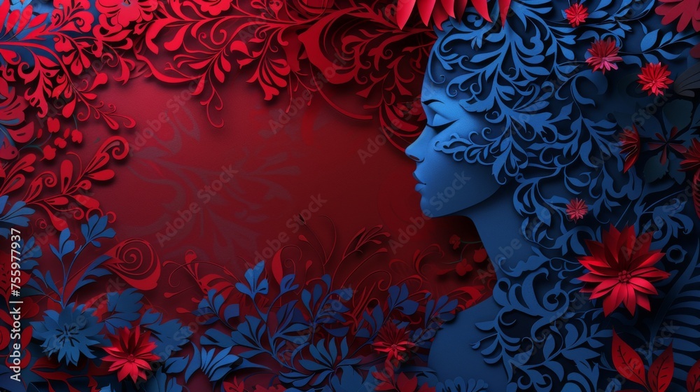 Intricate Floral Pattern Surrounding a Blue Womans Profile on a Deep Red Background