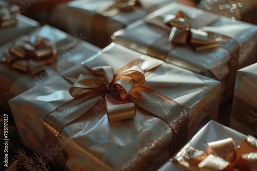 A bunch of presents wrapped in silver and gold paper. Perfect for holiday or celebration concepts.