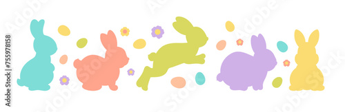 Cute Easter bunnies and eggs spring vector illustration. Colorful shapes rabbit silhouettes. Easter bunny border modern minimal design.Simple icons of a bunny hopping, sitting, jumping, running. 