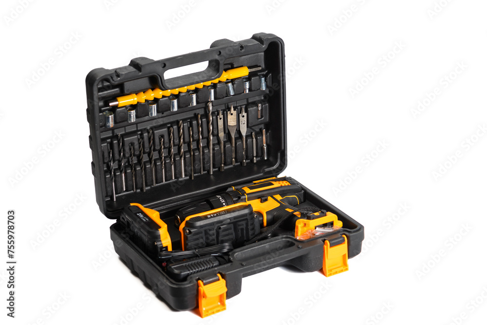 Free wild ibex on the mountain looking at the cameraScrewdriver drill case with drill bits and bits on white background.