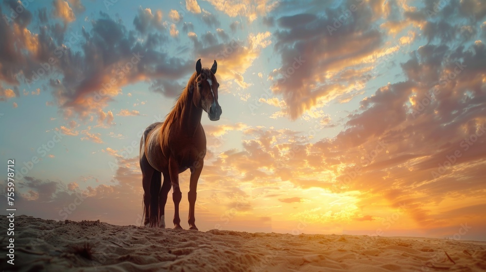 A majestic horse standing on a sandy beach. Ideal for travel brochures. A majestic horse standing on a sandy beach. Ideal for travel brochures.