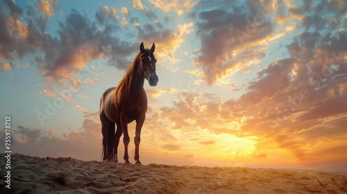 A majestic horse standing on a sandy beach. Ideal for travel brochures. © Fotograf