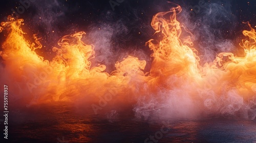 Orange smoke, explosion, fire against a dark, smoke-filled background.