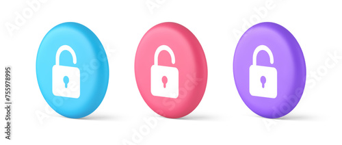 Open lock button cyberspace password security protection service 3d realistic isometric circle icon