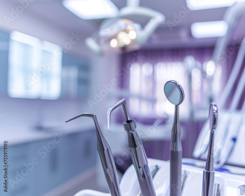 A variety of dental instruments are neatly arranged and placed on top of a table, ready for use in a dental procedure.
